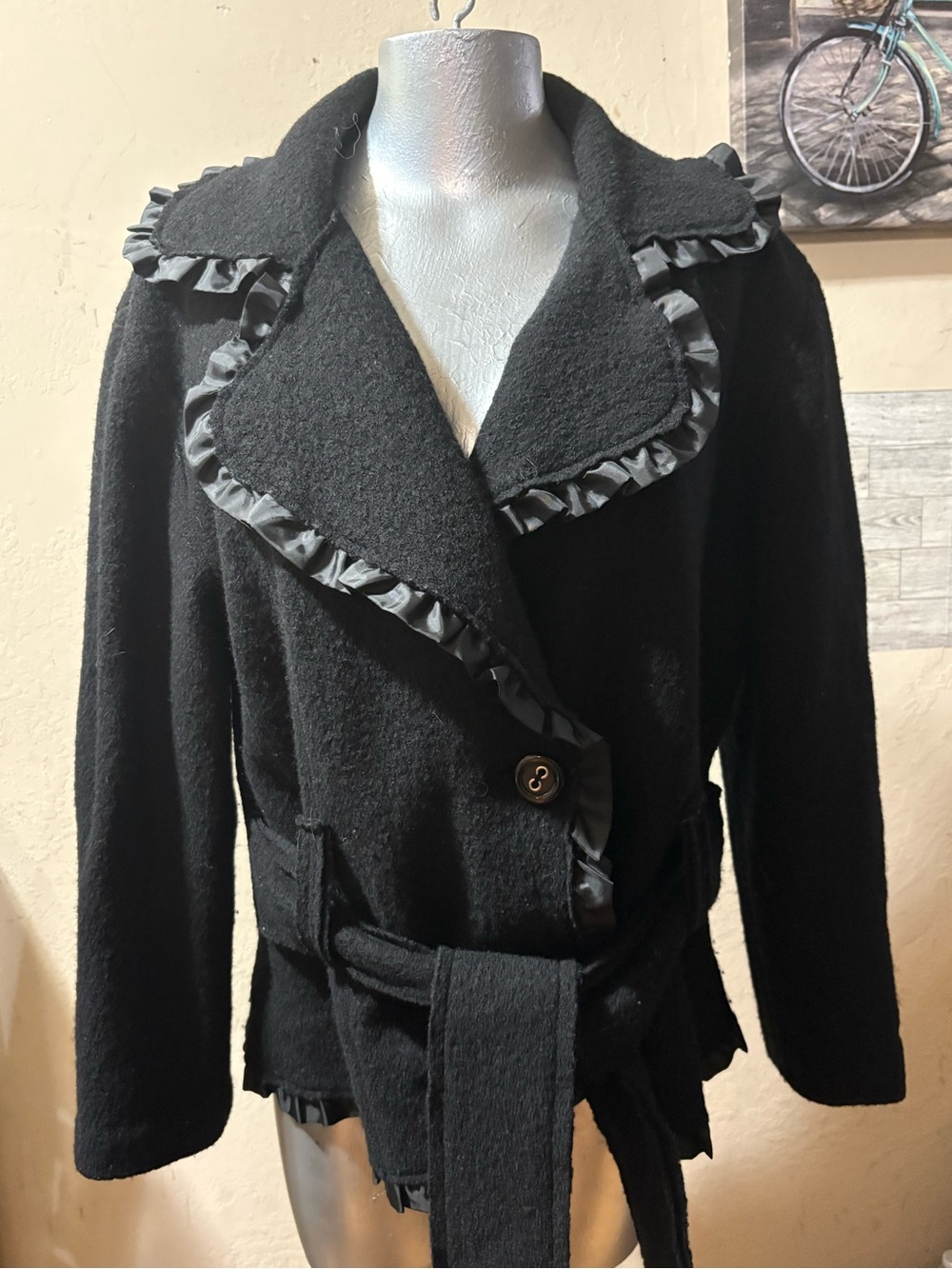 Ness Black Ruffle-Trim Belted Trench Coat - Women